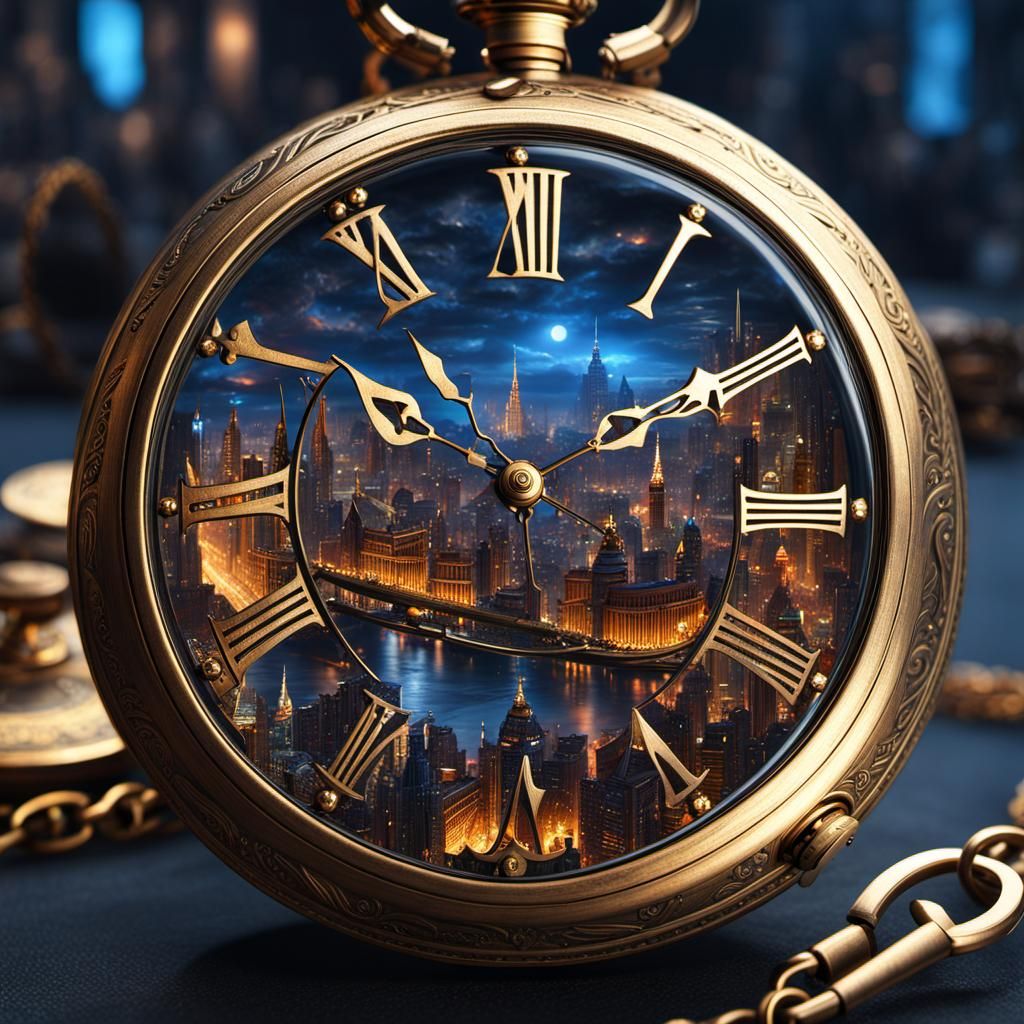 Cityscape Inside Vintage Pocket Watch: Detailed Matte Painti...