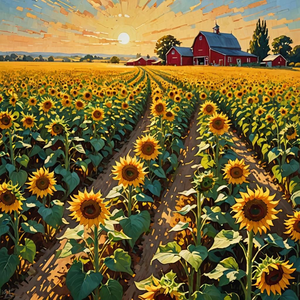 Sunflower Field Impressionist Landscape Painting at Golden H...