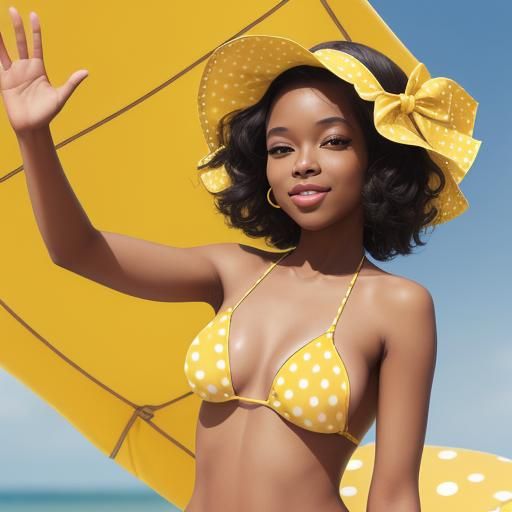 Kylin Milan in a yellow polka dot bikini waving at the sun