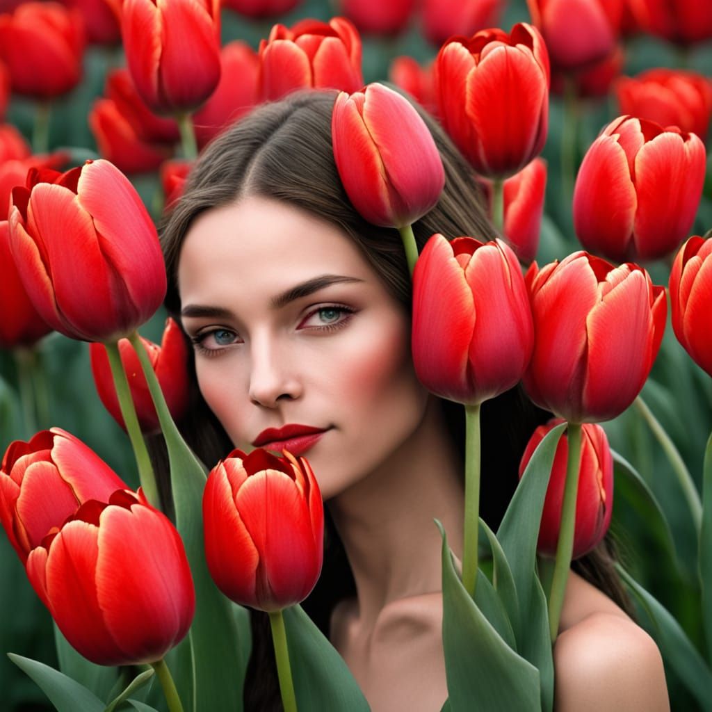 Red Tulips Goddess: A Dreamlike Seasonal Transition