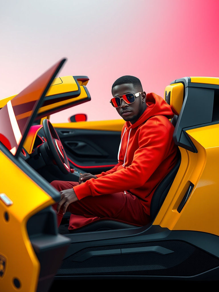 Young Man in Futuristic Lamborghini, Digital Art Style