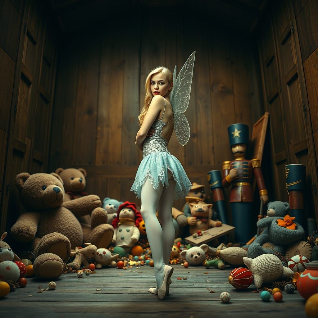 Surreal Scene of Blonde Woman in Silver Tinkerbell Costume i...