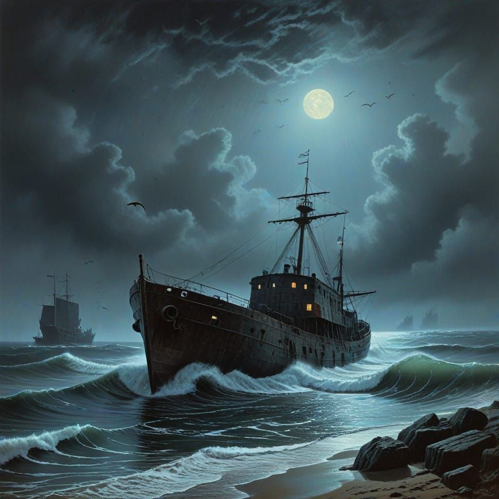 Misty Moonlit Shipwreck in Monochromatic Brushstrokes