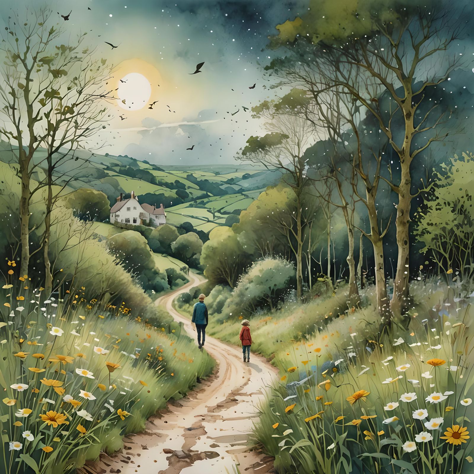 Nostalgic Road Home: Watercolor and Ink Art