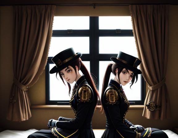 Steampunk Anime Twins Kissing in Bedroom
