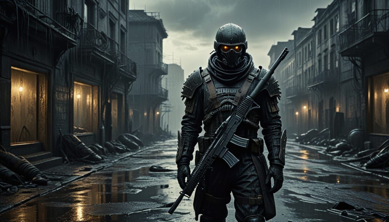 Soldier in Post-Apocalyptic City, Hyperrealistic Cinematic S...