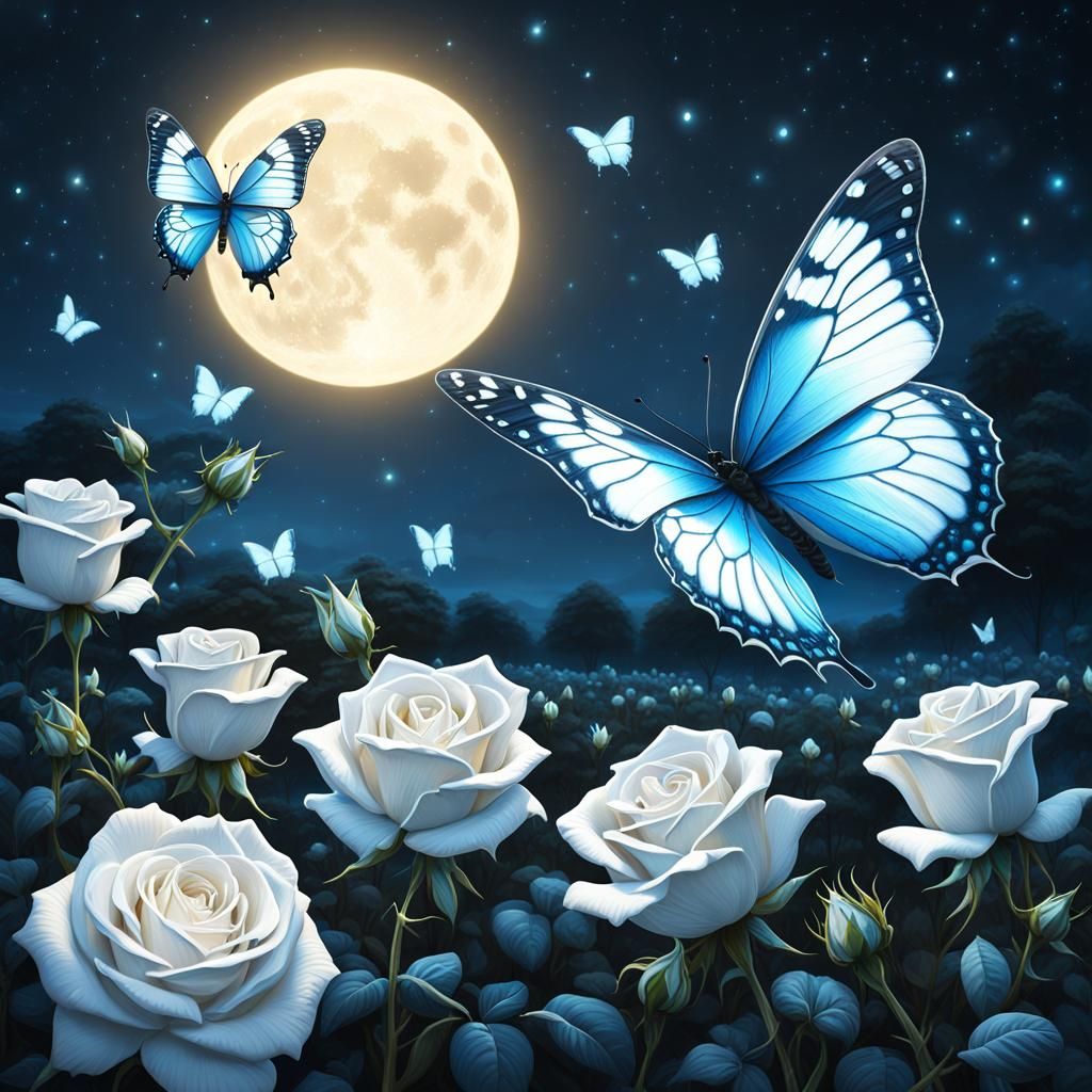 Butterflies and Roses at Night: Cinematic Digital Painting