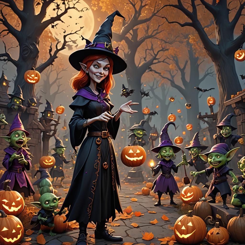 Cartoon Witch Teaches Halloween Rituals to Goblins
