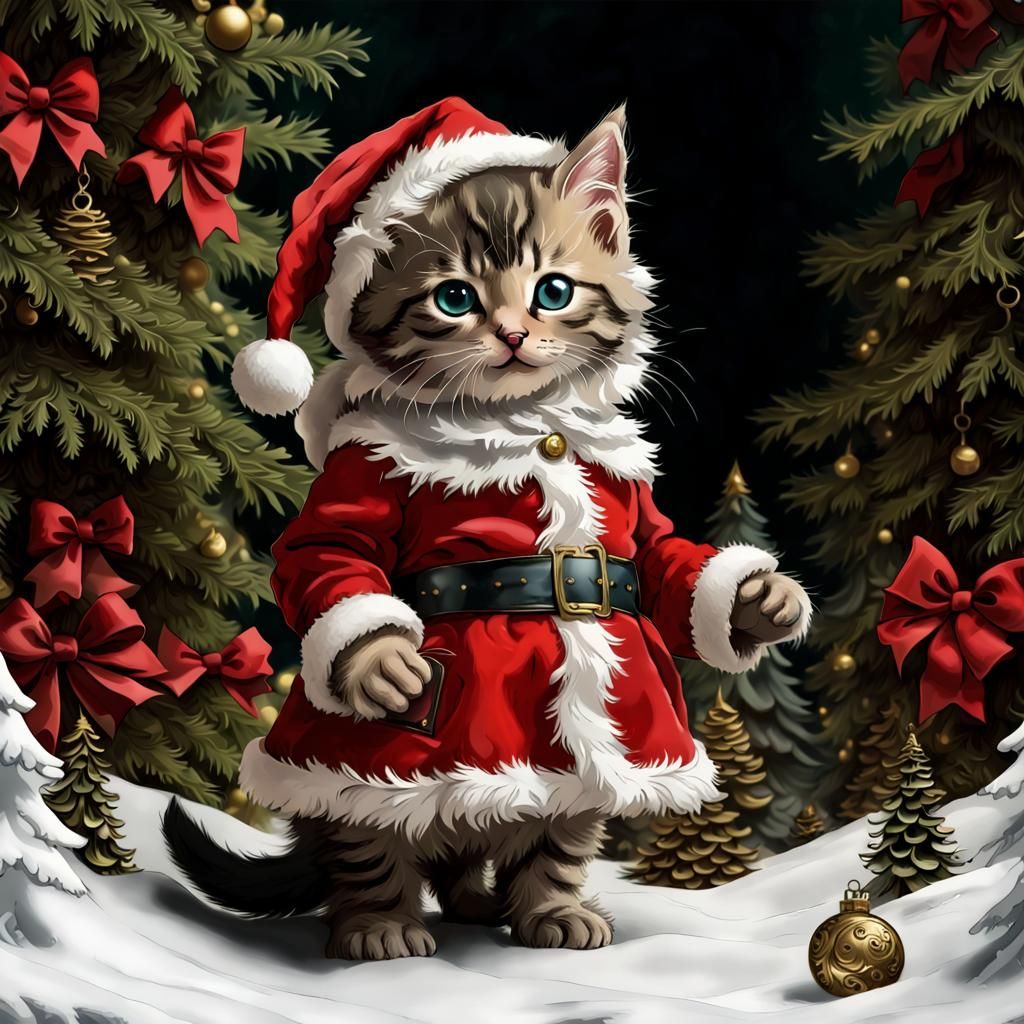 Kitten Santa in Christmas Forest, Digital Baroque Style