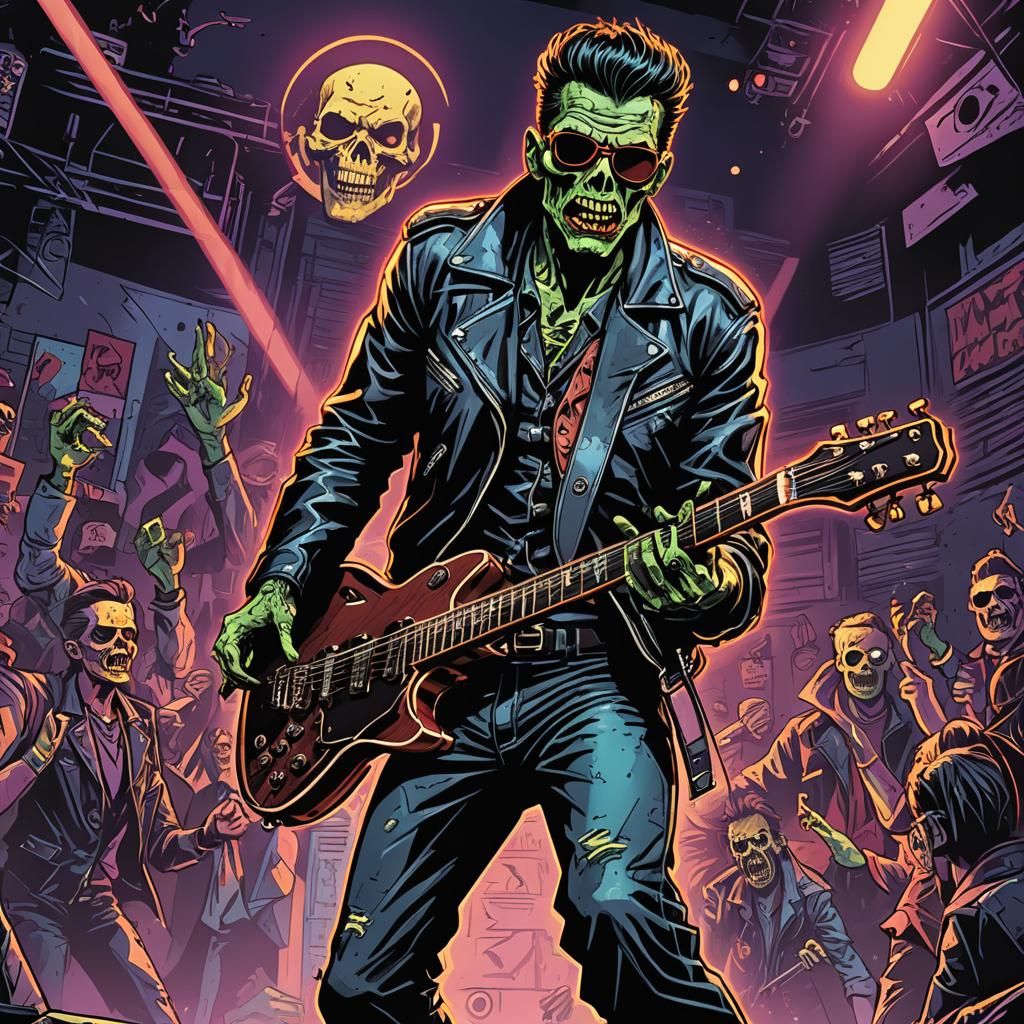 Zombie Rockabilly Guitarist in Comic Book Style