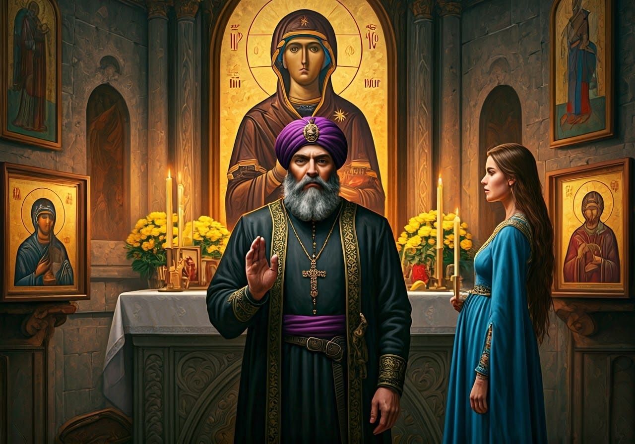 Middle-Aged Man Invokes Faith in Candlelit Chapel