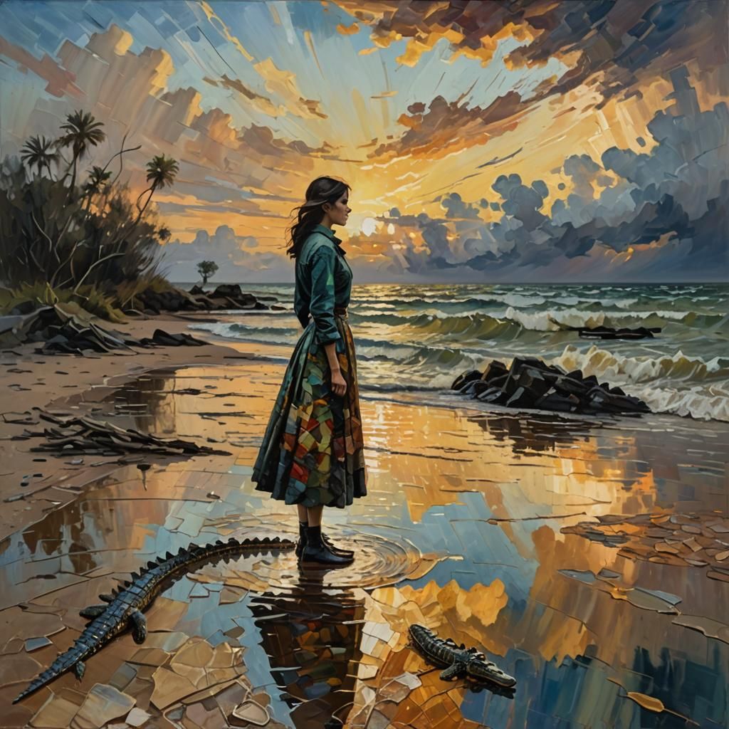 Woman and Crocodile on Shore in Impressionist Style