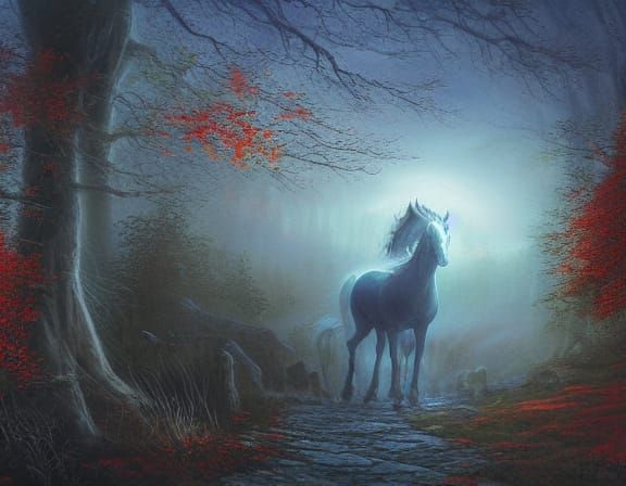 Spectral Horse in Misty Graveyard Fantasy Art