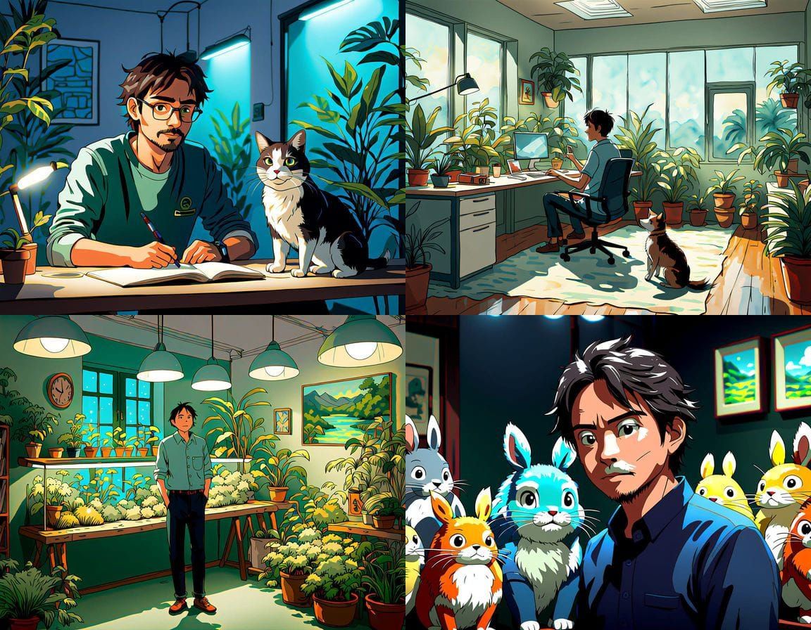 CEO in Modern Office with Studio Ghibli Style Mascots
