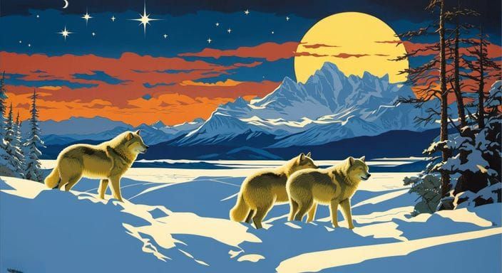 Wolves Hunting in Snowy Tundra Under Starlight