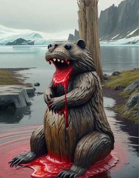 Deformed Beaver Monster Gnaws Woman Statue in Arctic Landsca...