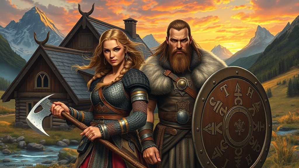 Viking Warrior Couple in Epic Fantasy Landscape