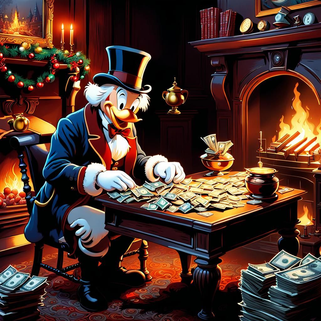 Uncle Scrooge McDuck Counting Money: Disney Comic Art