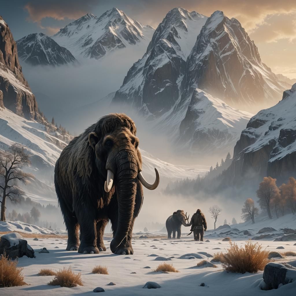 Woolly Mammoth in Misty Valley: Digital Matte Painting