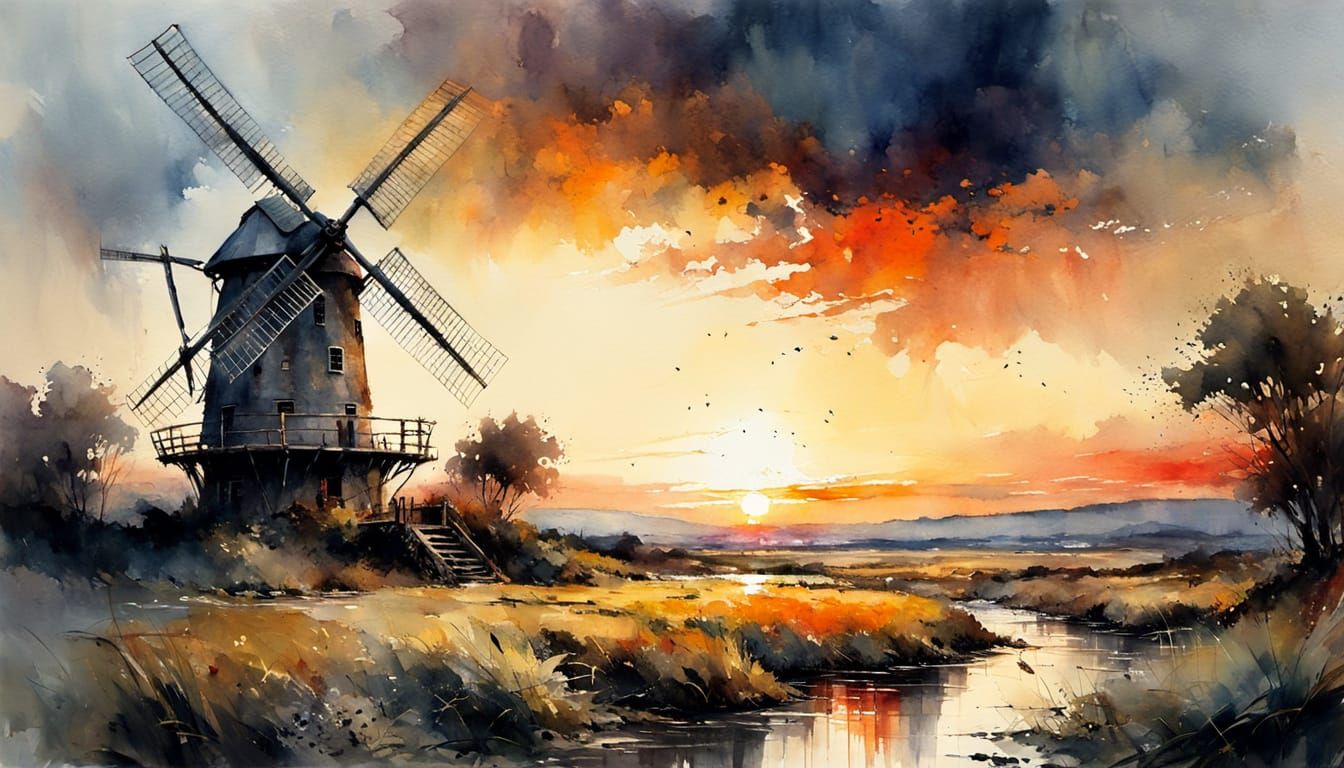 Surreal Watercolor Windmill at Sunset with Textured Strokes