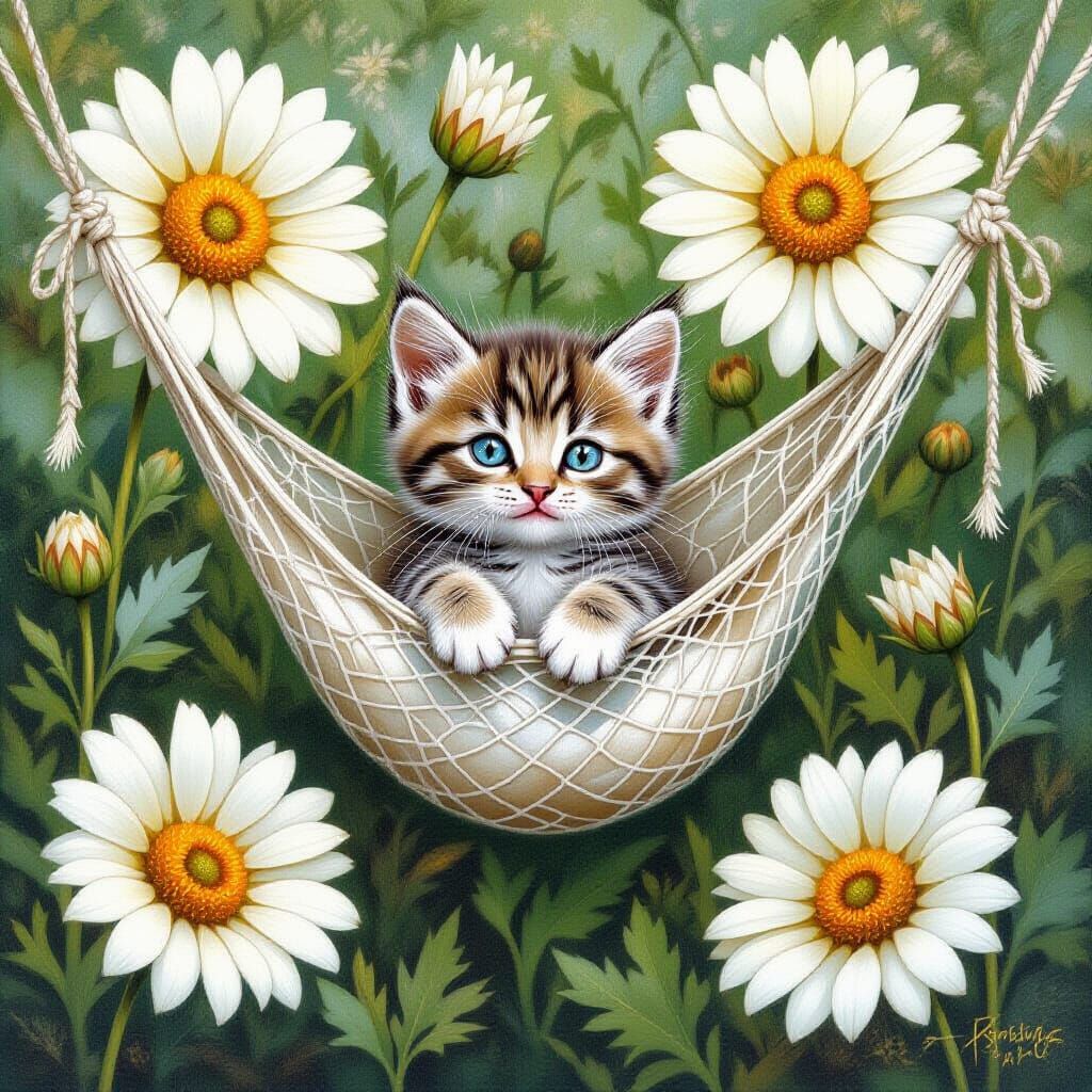 Kitten in Spider Silk Hammock, Whimsical Art