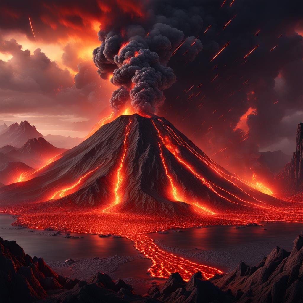 Volcanic Eruption with Lightning, Detailed Digital Painting