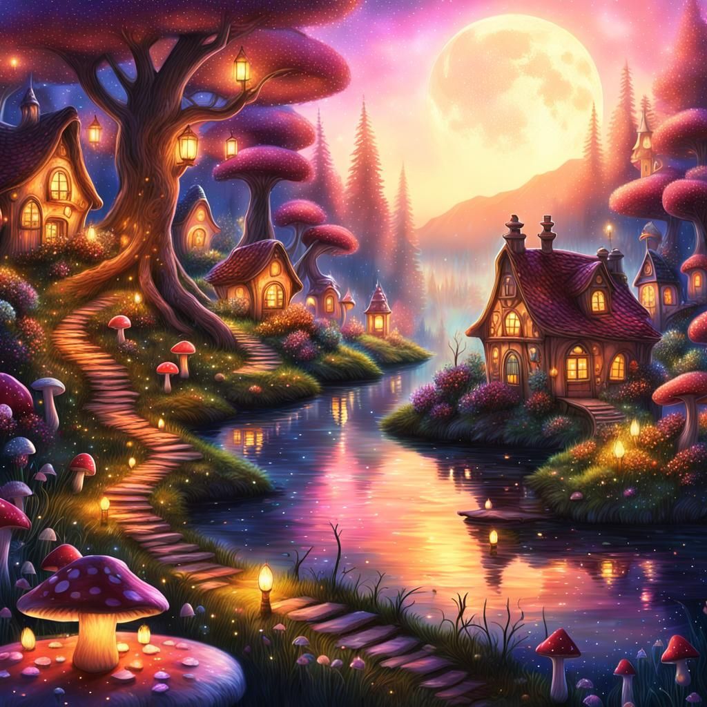 Magical Forest Scene with Fairy Village and Starry Night