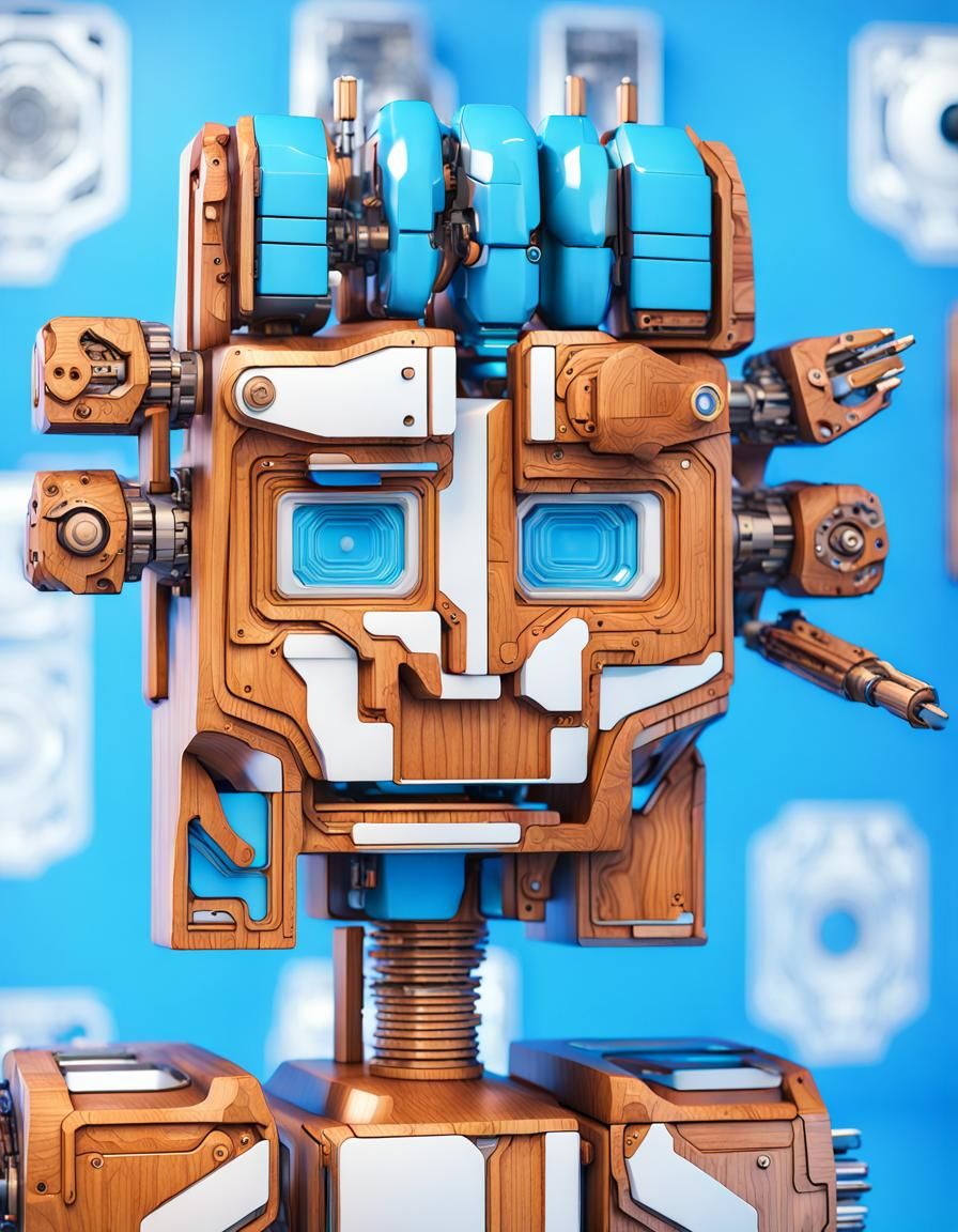Wooden Cyborg Robot Sculpture in Sci-Fi Style