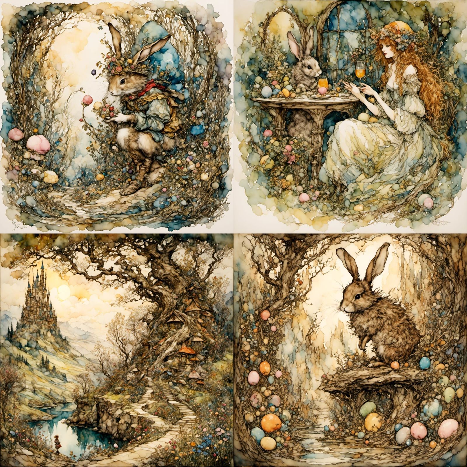<lora:TallBunny1:1.0> arthur rackham, alcohol ink