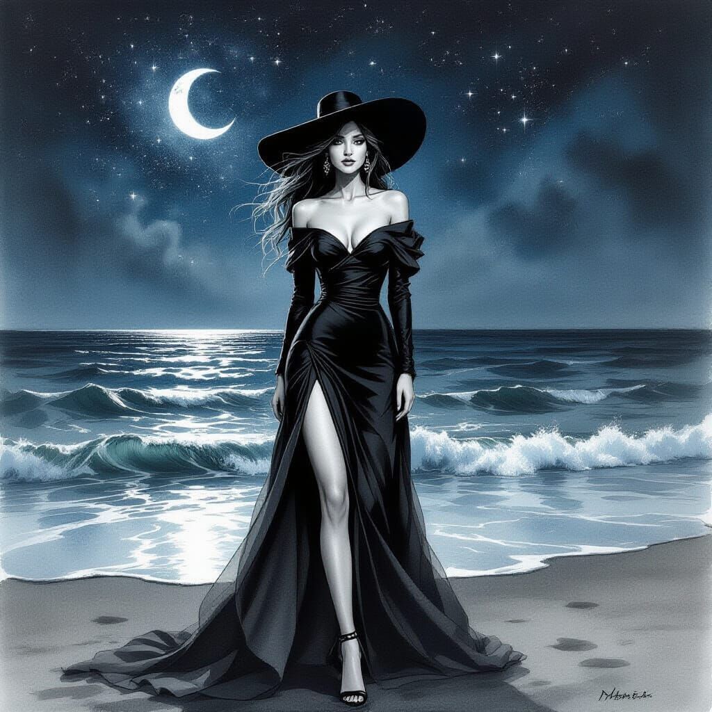 Mysterious Fashionista Beneath a Starry Ocean in Charcoal