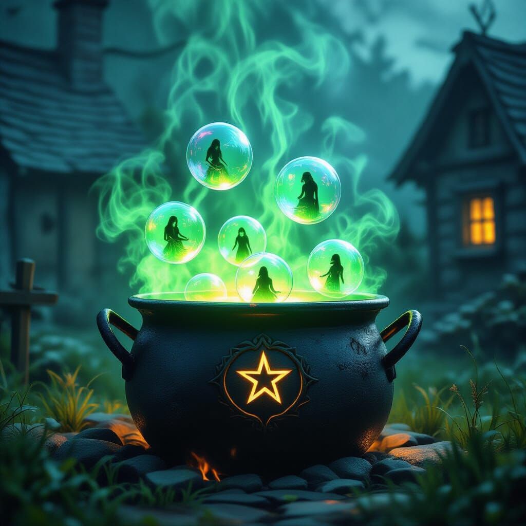 Medieval Cauldron with Neon Bubbles and Souls