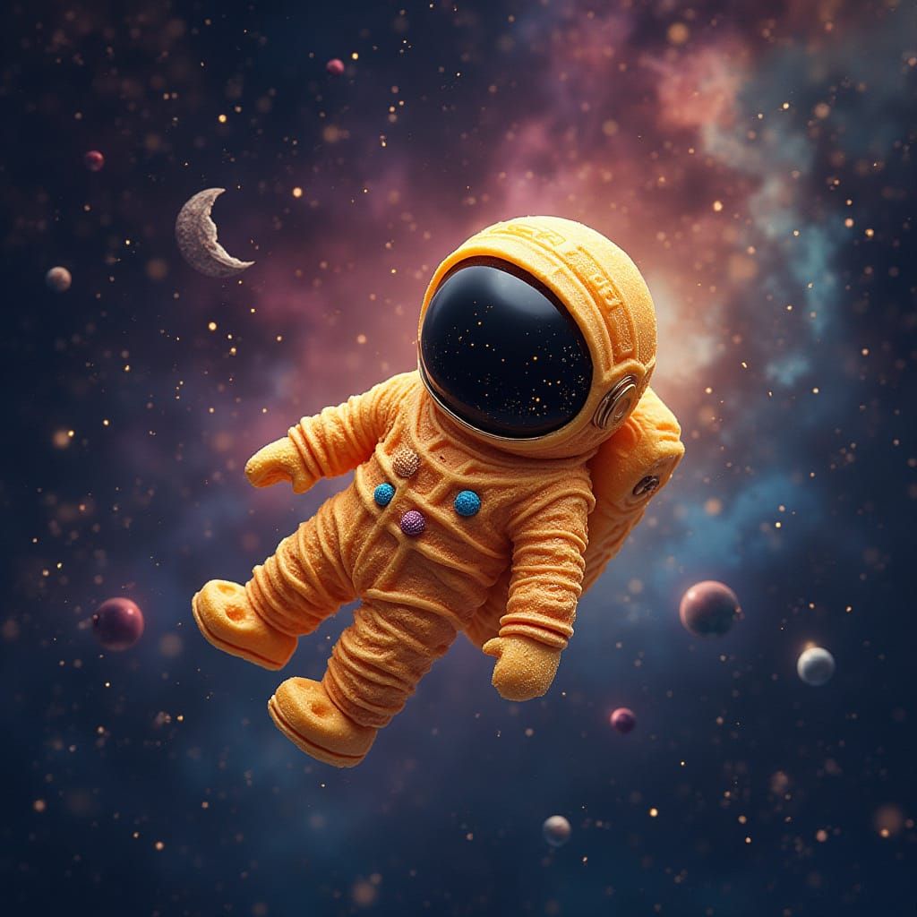 Waffle Cosmonaut Glides Through Cosmic Nebulae in Shimmering...