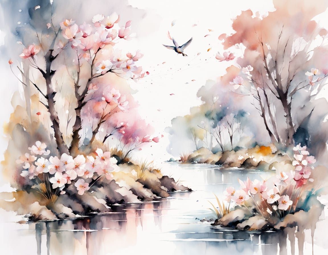 Watercolour Riverside with Cherry Blossoms and Children Flyi...