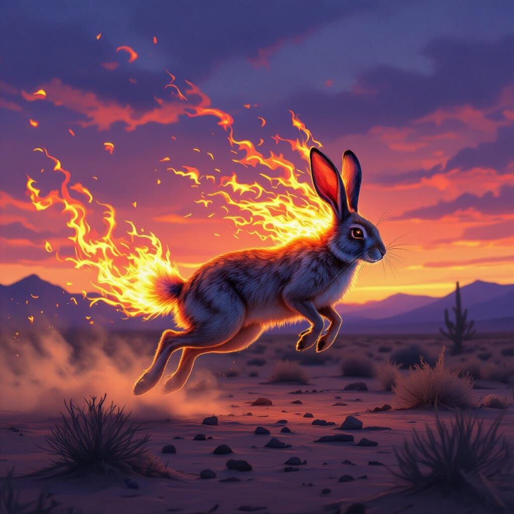 Fiery Jackrabbit Leaping Through Twilight Plains