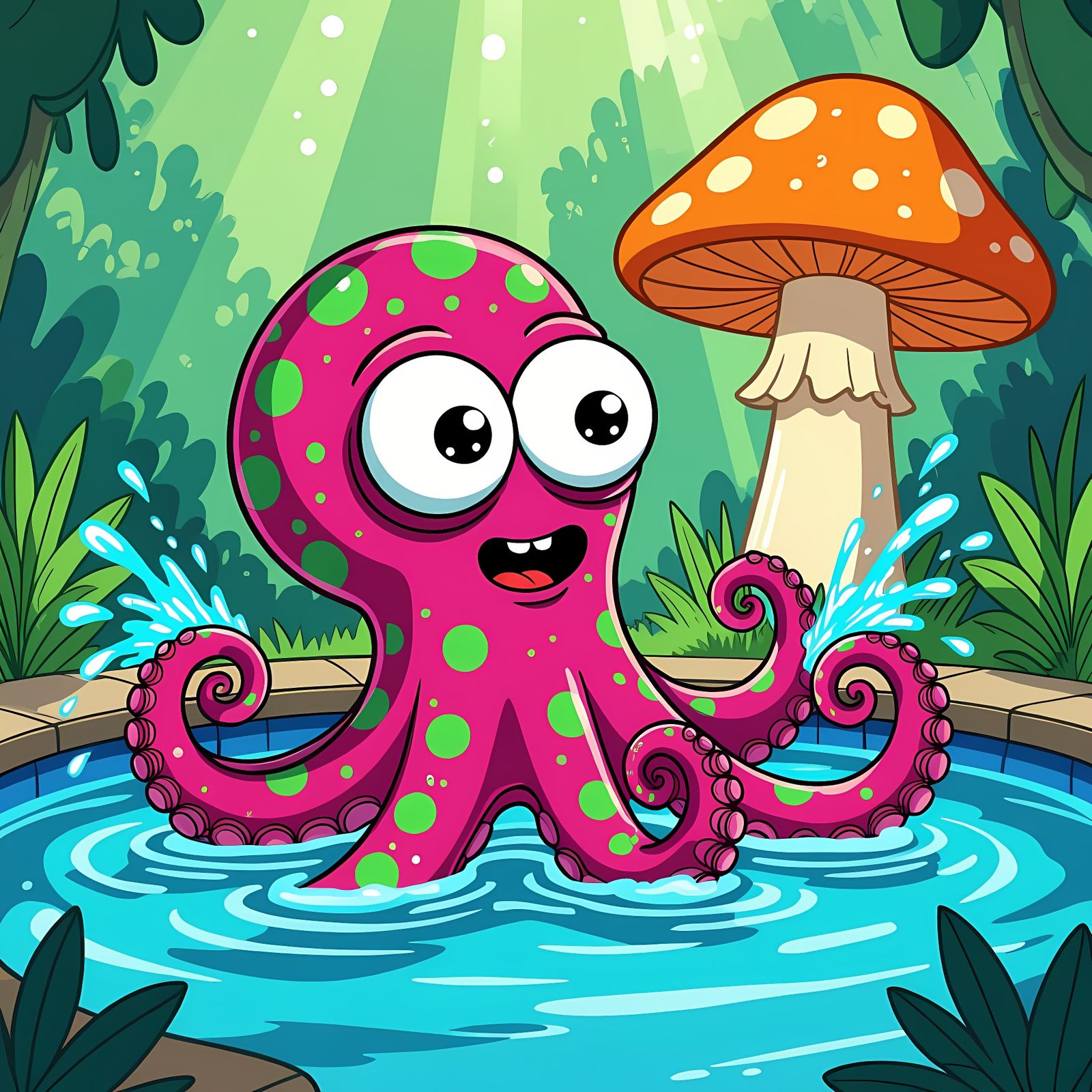 Cartoon Octopus in a Pool, Rick and Morty Style