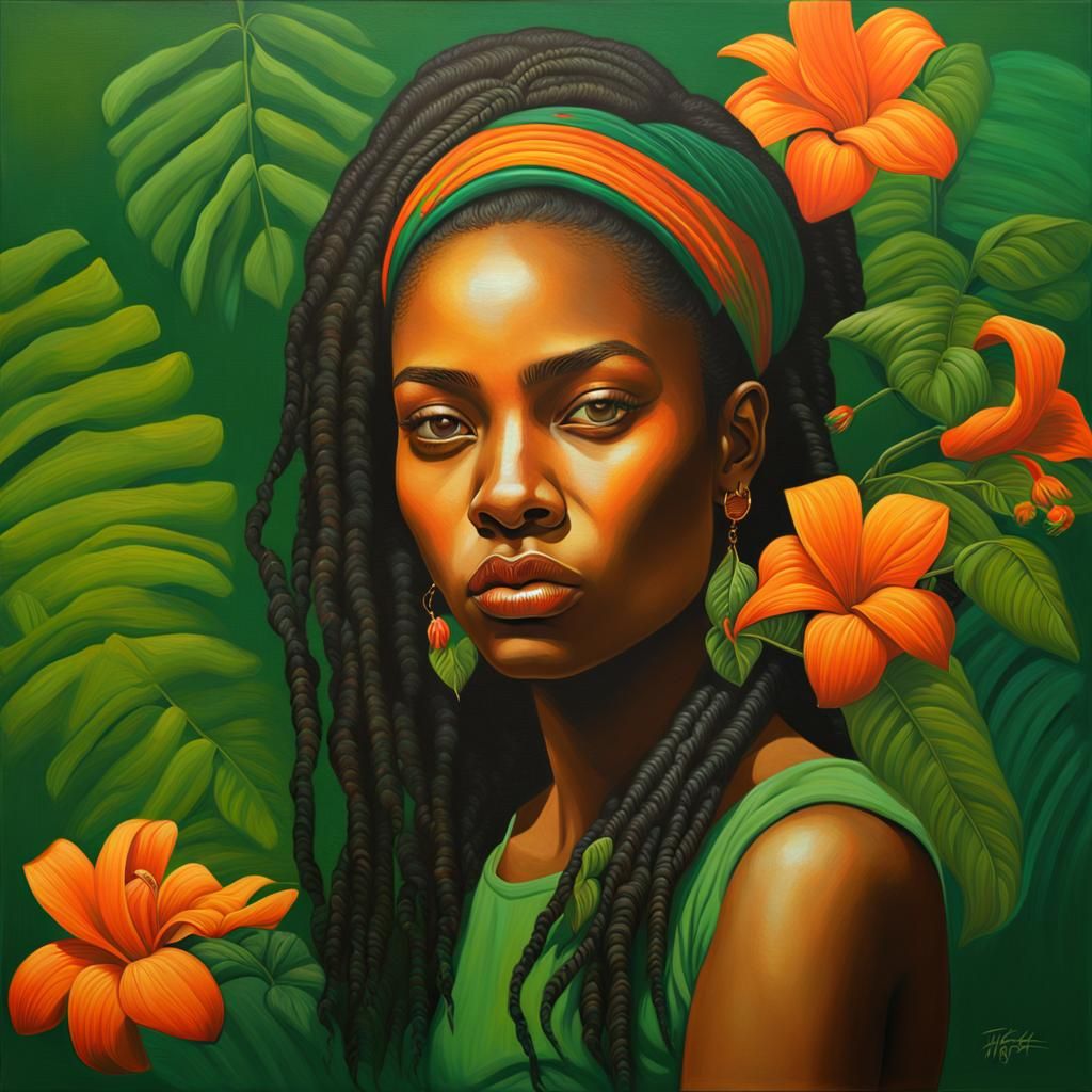 Jamaican Beauty in Verdant Jungle Portrait