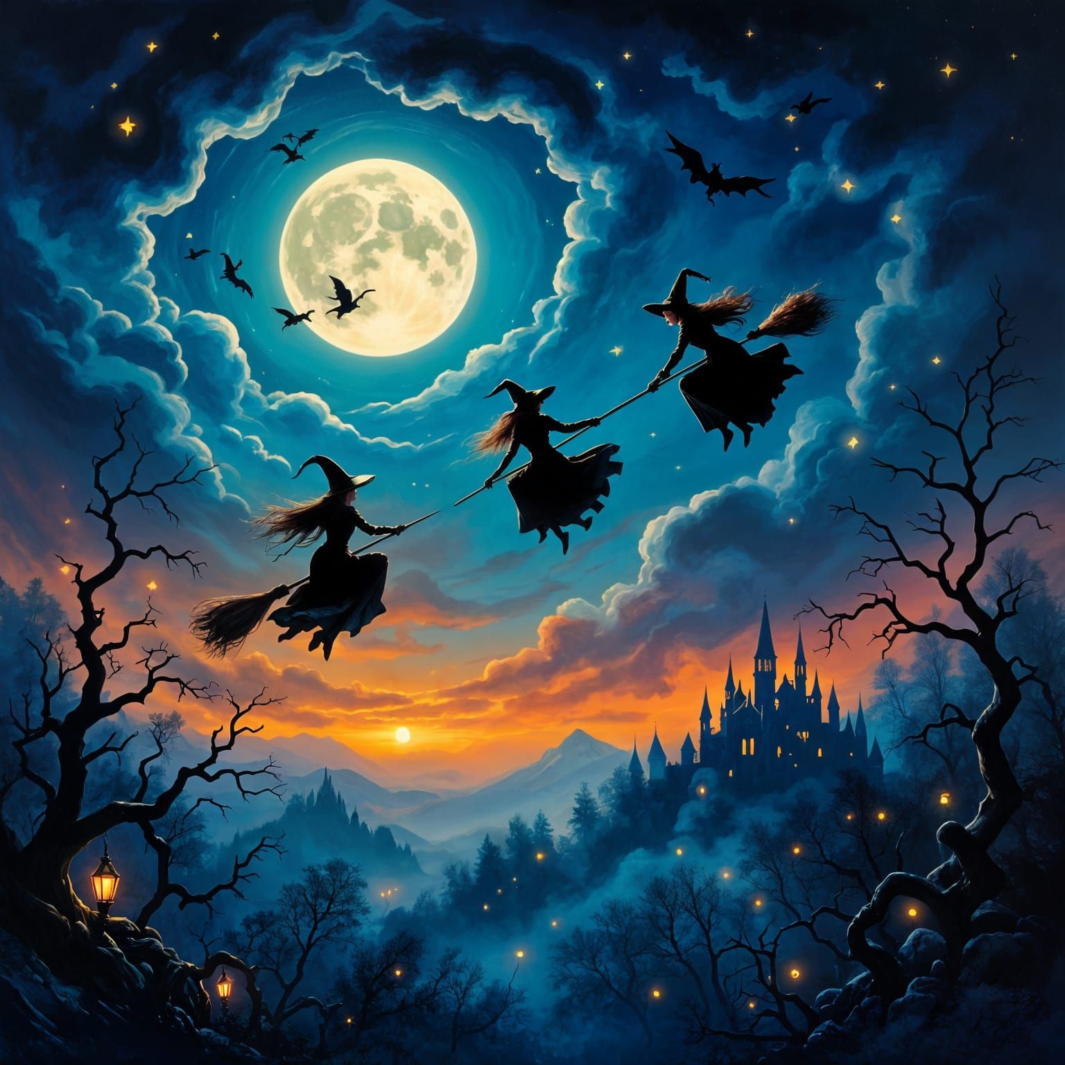 Witches Fly Over Ancient Forest in Victorian Oil Painting St...