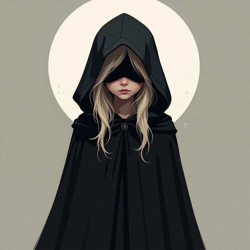 Young Girl in Black Cloak, Eyes Hidden