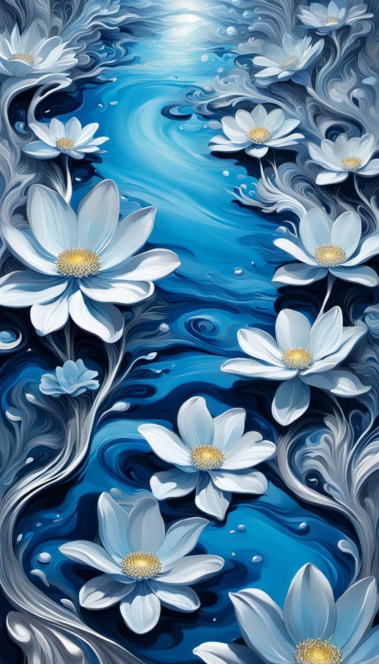 Surreal Floral River in Fluid Blue and Silver