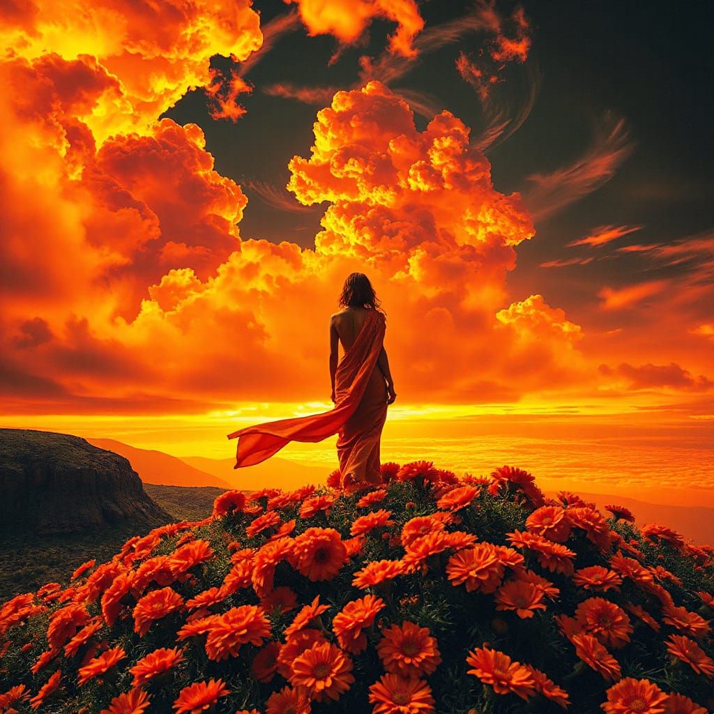 Figure in Orange Silk Amidst Fiery Amber Clouds