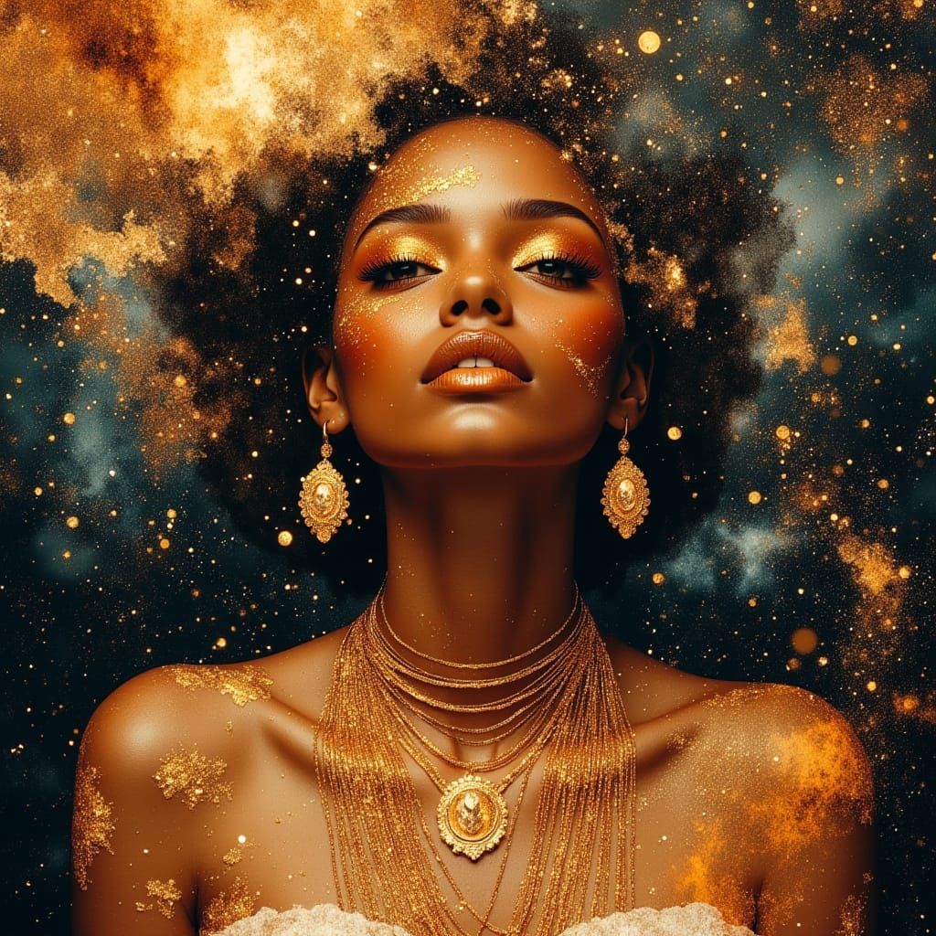Celestial Woman Portrait with Gold Jewelry in Hyperrealism