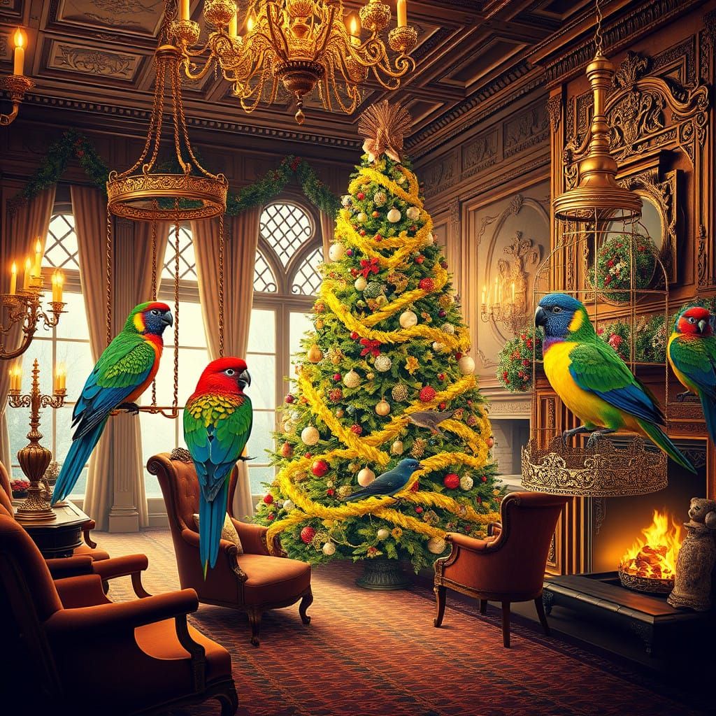 Luxurious Victorian Christmas Scene with Exotic Birds