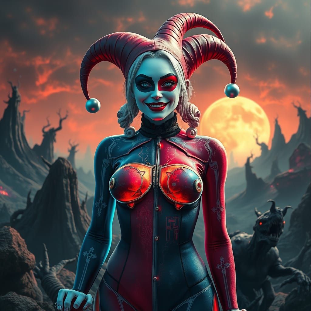 Harley Quinn with Transparent Skin in Bosch-inspired Landsca...