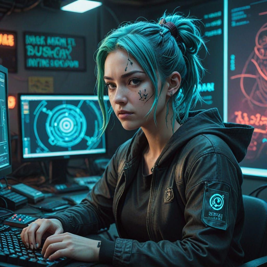 Cyberpunk Hacker with Turquoise Hair in Glowing Ambiance