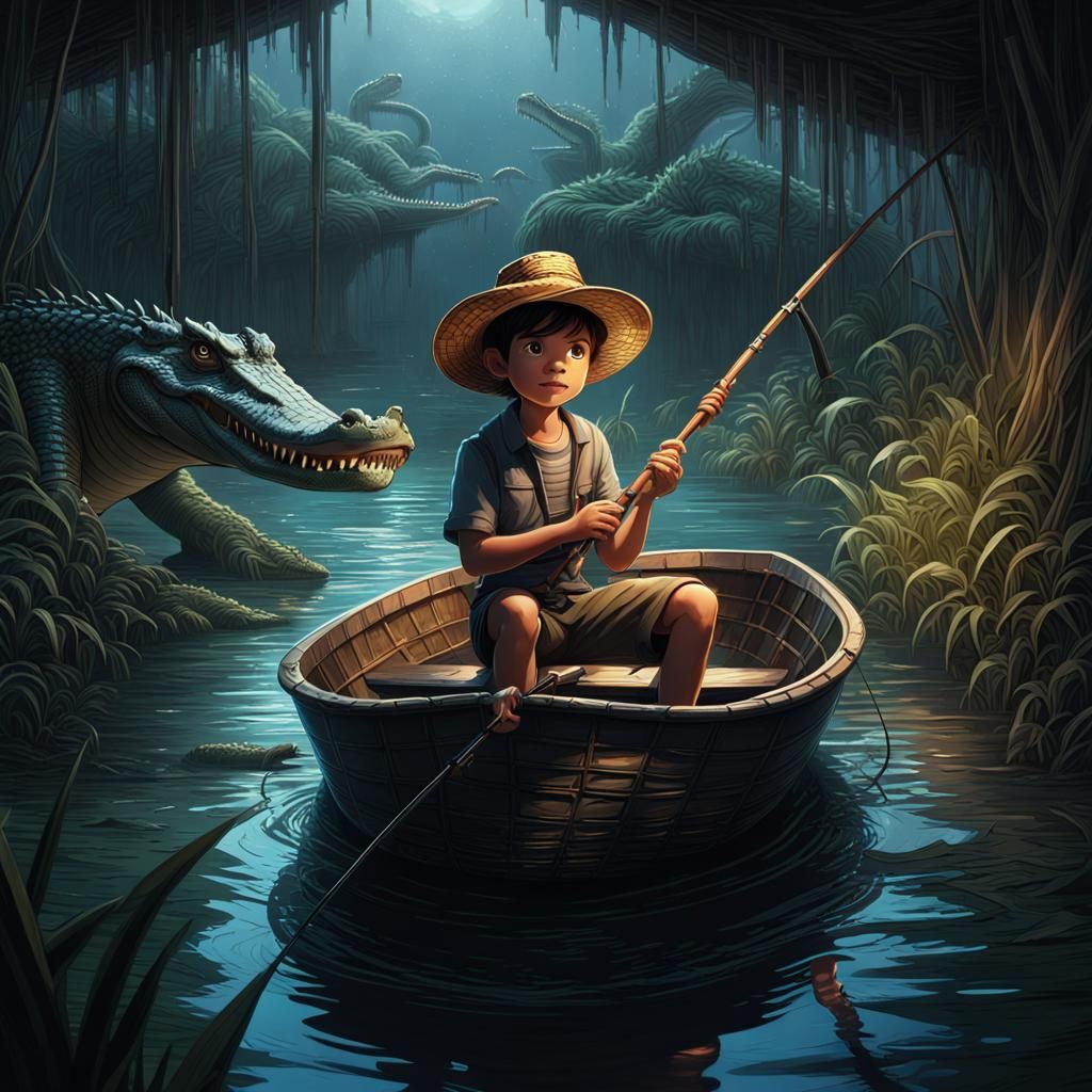 Boy Fishing with Crocodile in Darkly Lit Comic Art