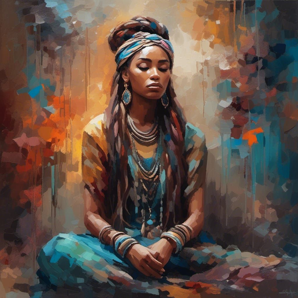 Contemplative Woman Gazing at Mystical Abstract Painting