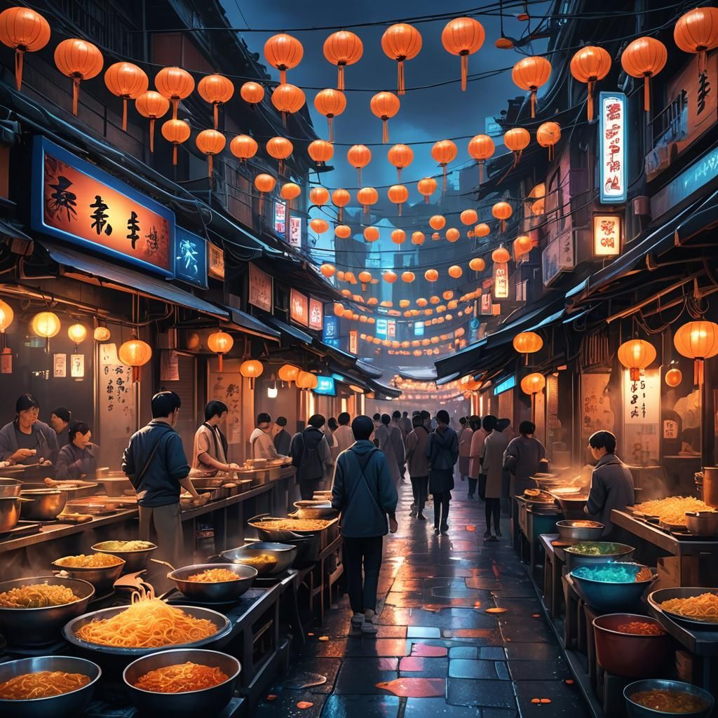 Vibrant Japanese Noodles in Fantasy Street Market