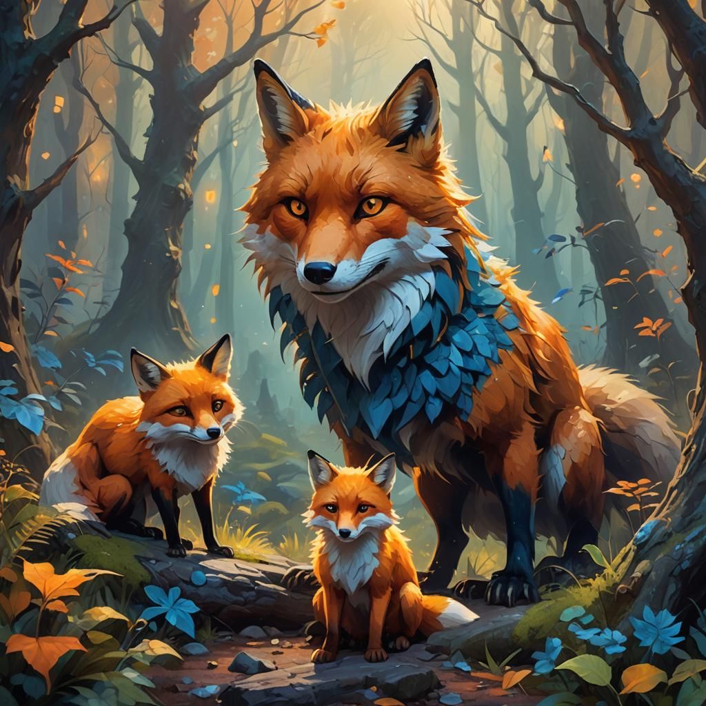 Mystical Forest: Monster Befriends Fox in Oil Painting