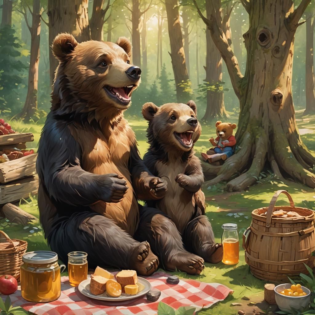 Whimsical Forest Picnic with Happy Bear Cub