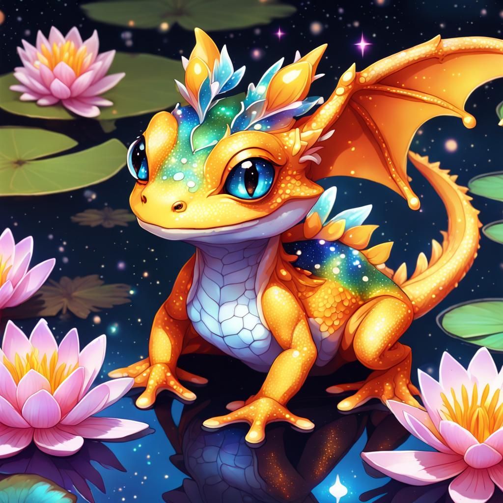 Chibi Dragon in Magical Lily Pond